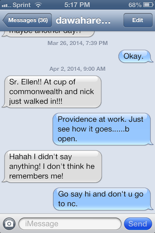 Text message conversation between Mollie and Sr. Ellen